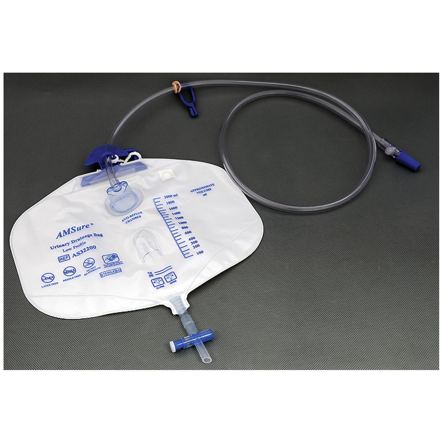 Drainage Bag, 2000mL, Anti-Reflux Device, Pre-Pierced Needle-Free Sampling Port, Single Hook & Rope Hanger, T-Tap Drain Port, Sterile Fluid Pathway, 20/cs (Luer Slip or Blunt Cannula Compatible)
