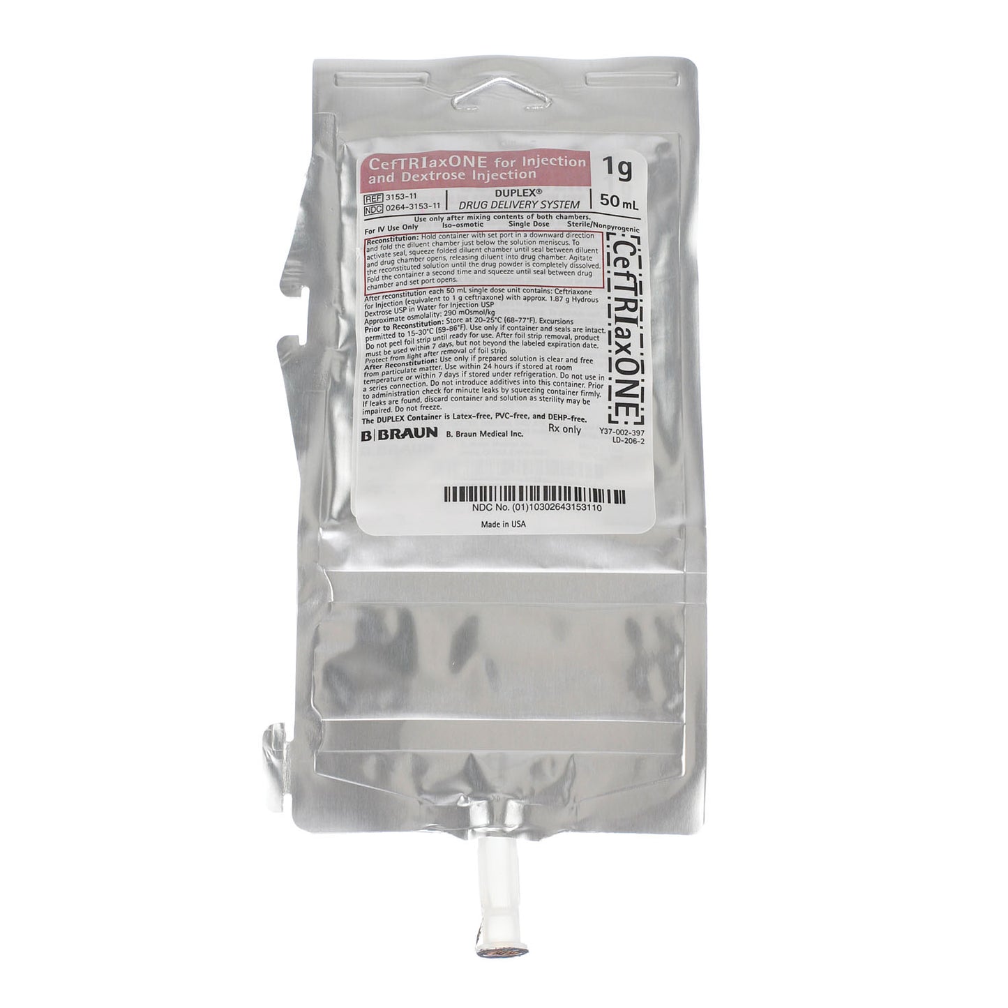 1g CefTRIaxONE For Injection & Dextrose Injection, 50mL , 24/cs (Rx) (Item is Non-Returnable) (Continental US+HI Only, Excluding IN and ND)