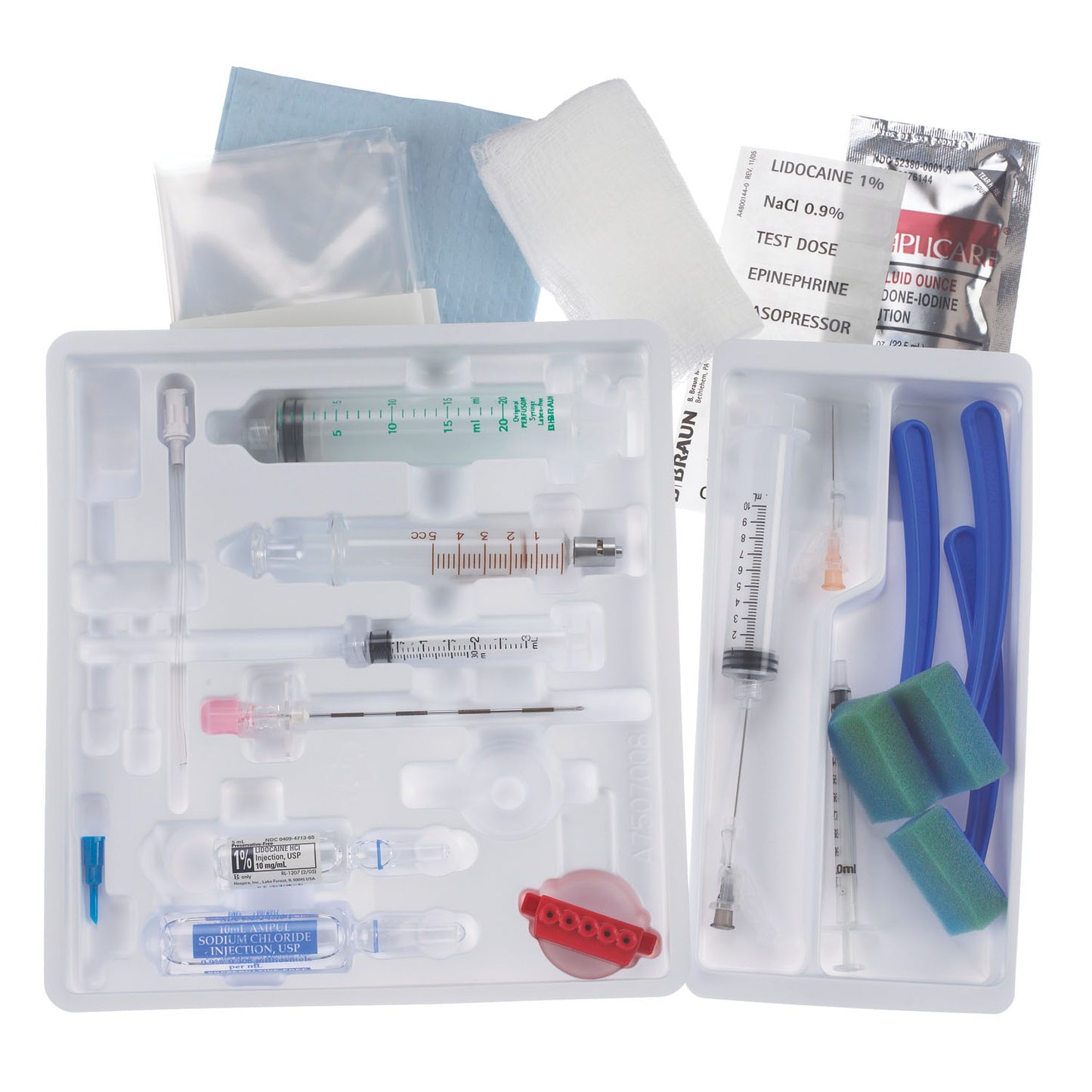 Continuous Epidural Tray, Perifix® 18G x 3.5" Tuohy Winged Needle, 25G x 1" SafetyGlide Hypodermic Needle, 22G x 1.5" SafetyGlide Hypodermic Needle, 18G x 1.5" SafetyGlide Hypodermic Needle, 5ml Glass Luer Lock, Metal Tip LOR Syringe, 1ml Plastic Luer Sli