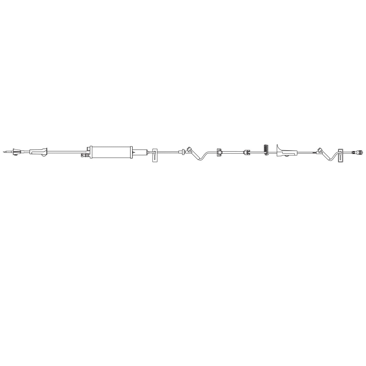 Burette Set, No Automatic Shutoff, Non-Vented Spike, Roller Clamp, 150mL Burette, 15 Micron Air Guard Filter & SAFELINE Injection Site, Slide Clamp, Pressure Limited Check Valve, Flow Restrictor, Two SAFELINE Injection Sites, Free Flow Protection Clamp, R