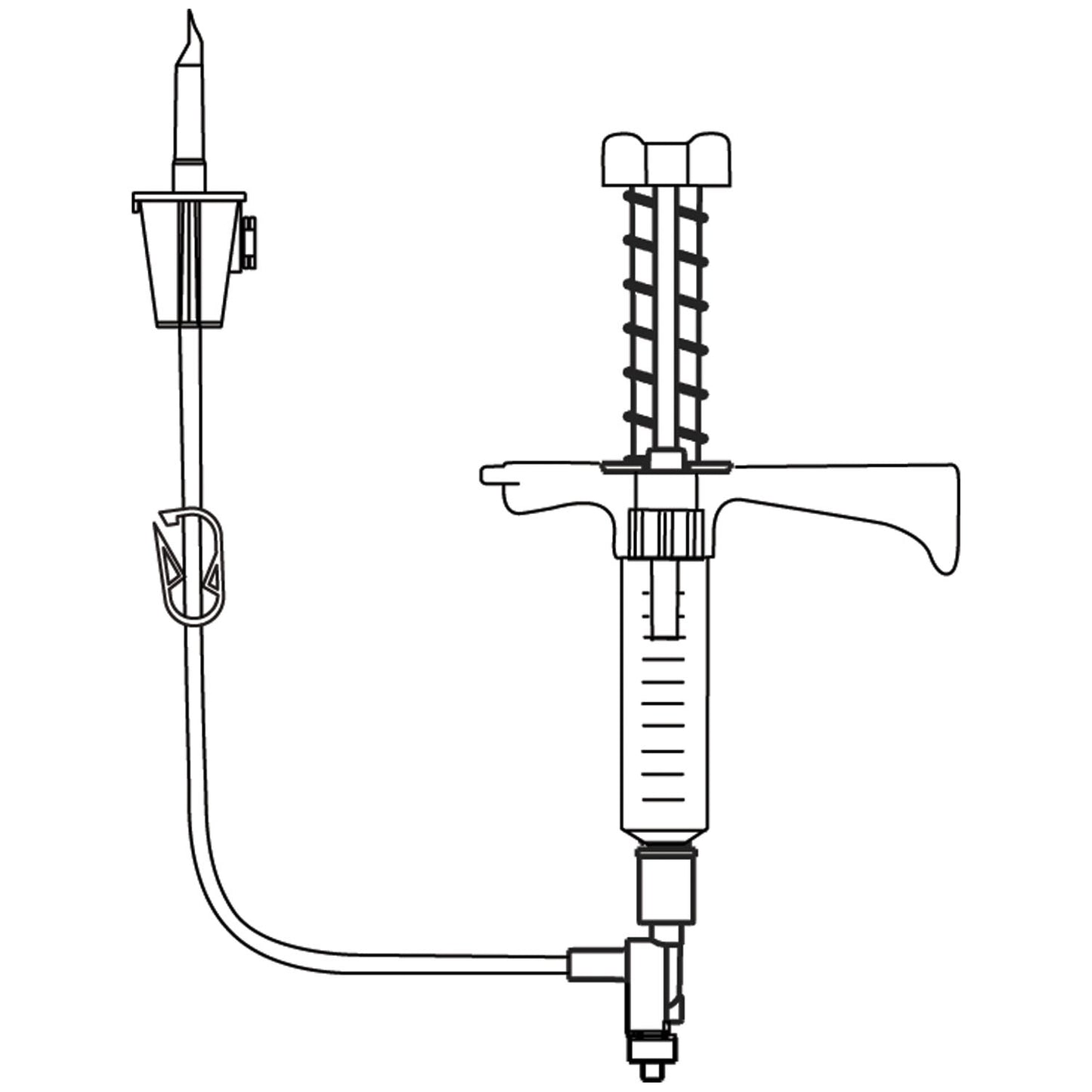 Fluid Dispensing System, Hand-Held Style, 10cc Luer Lock Syringe, Automatic Spring Return, 2-Way Valve, Syringe Volume Adjusting Device Located Below Handle & 41" Vented Transfer Set, For Reconstitution & Dispensing IV Additives & Unit Dose Fluids, DEHP &