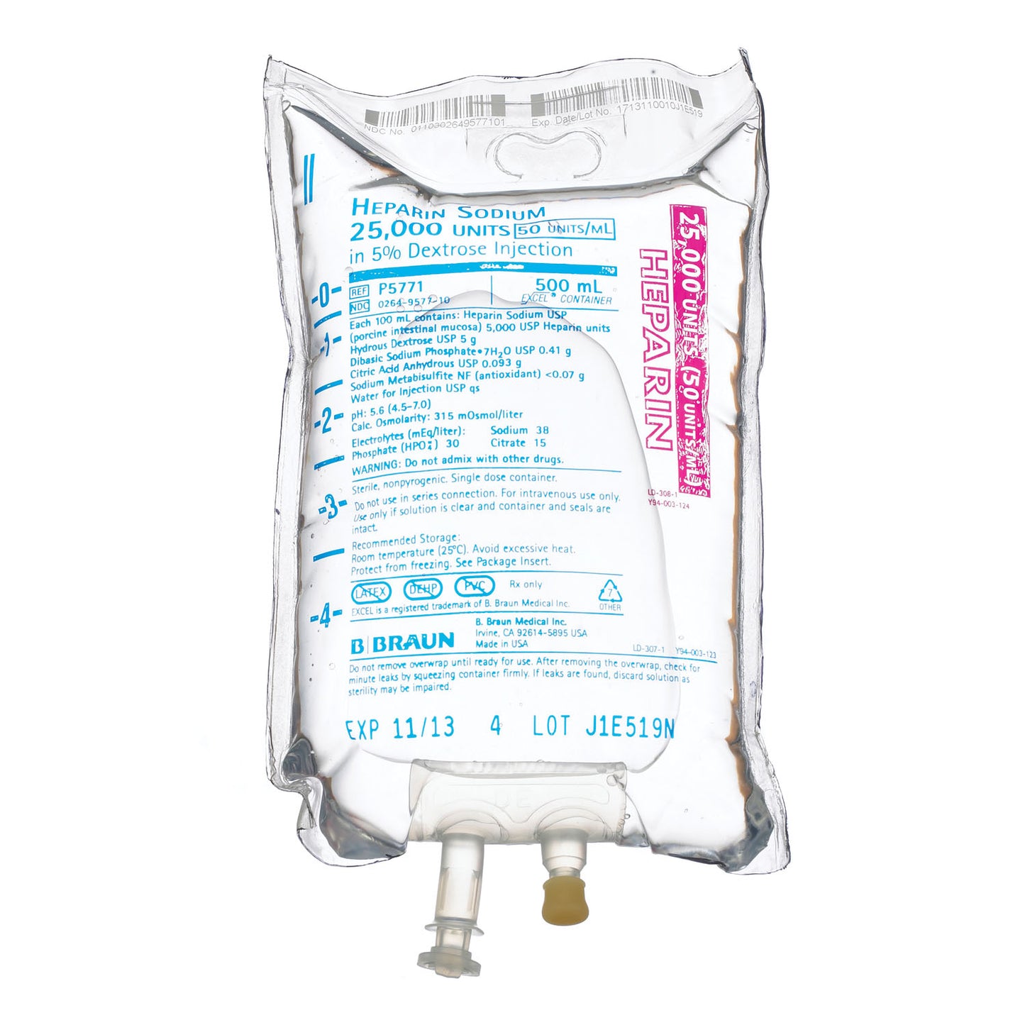 25,000 Units Heparin in 5% Dextrose Injection, 50 Units/mL, 500mL, EXCEL® Container , 24/cs (Rx) (Item is Non-Returnable) (Continental US+HI Only, Excluding IN and ND)