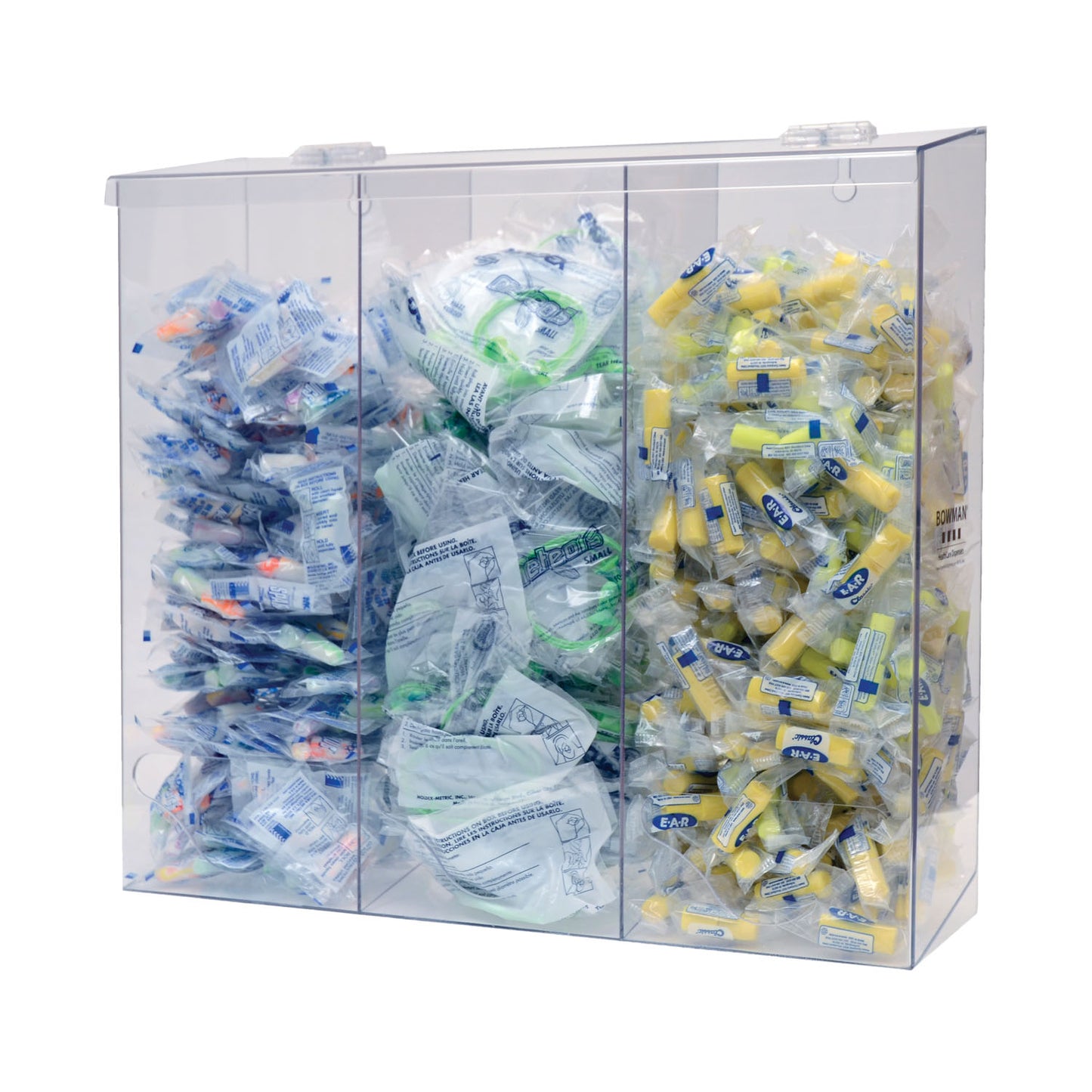 Bulk Dispenser, Tall Triple Bin, Holds a Variety of Protective Apparel in Bulk, Triple Compartments with Hinged Lid, Openings at Front Bottom, Keyholes For Wall Mounting, Clear PETG Plastic, 18 3/8"W x 17 1/16"H x 5¾"D