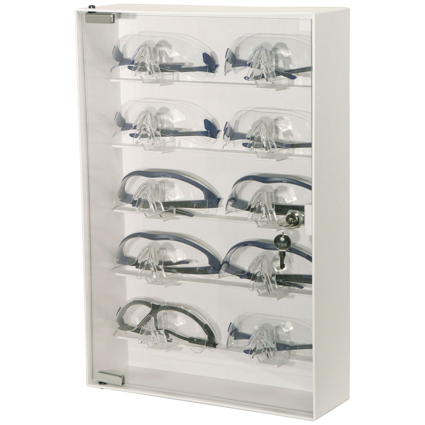 Eyewear Cabinet, Locking, Holds up to 10 pr of Safety Glasses on Nose Holders, Keyholes For Wall Mounting, White ABS Plastic & Clear PETG Plastic, 13½"W x 20"H x 4 1/8"D (Made in USA)