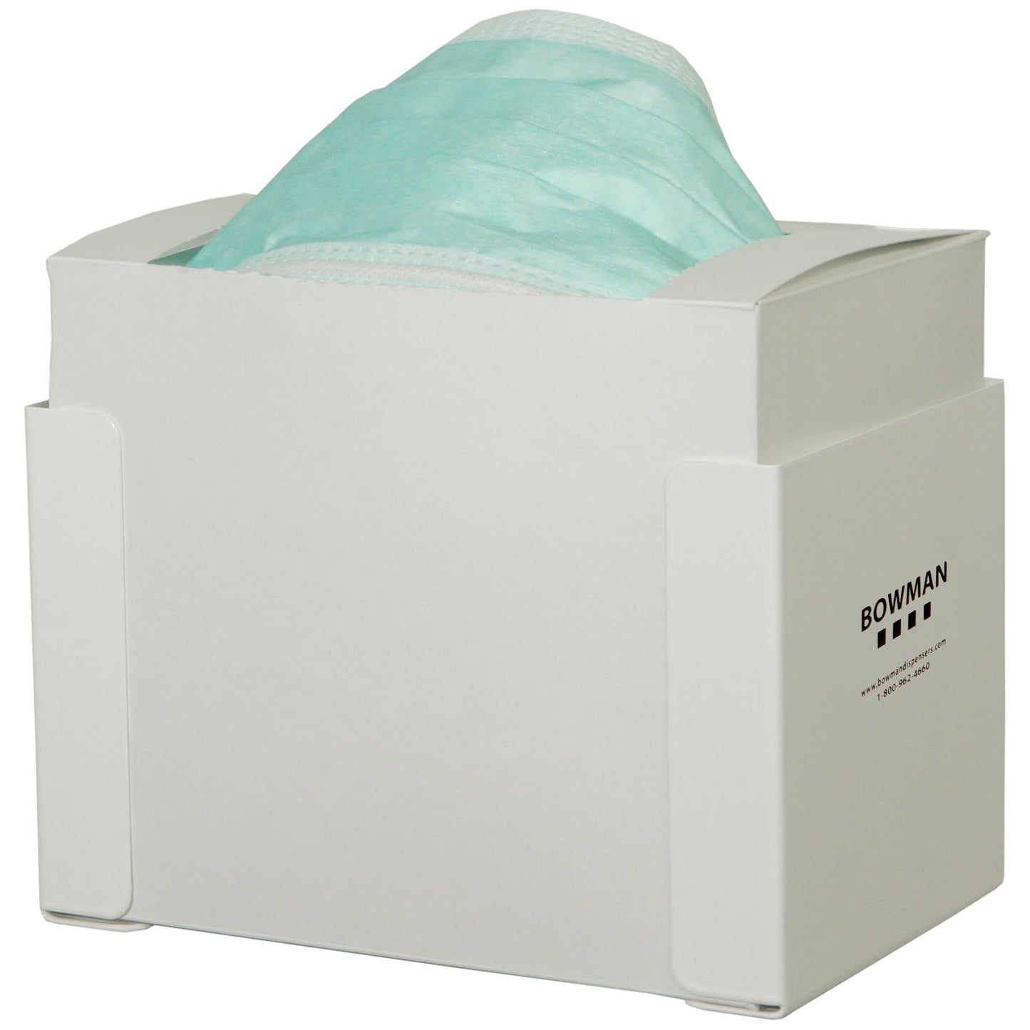 Face Mask Dispenser, Surgical Tie Style, Holds One Box of Tie Style Face Masks, Two Sets of Keyholes For Dual Position Wall Mounting, White Powder Coated Metal, 7 7/16"W x 4¾"H x 4 13/16"D (Made in USA)