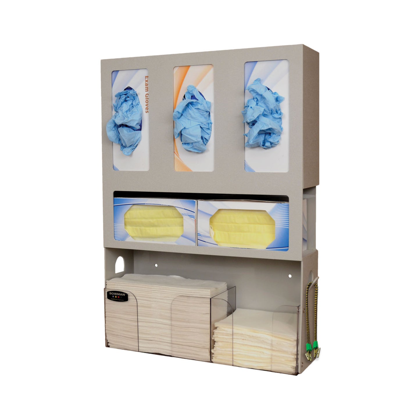 Dental Organizer, Holds Three Boxes of Gloves, Two Boxes of Face Masks, Quarter Fold Towels & Patient Bibs, Tabs on Both Sides of Unit to Hang Patient Bib Clips, Keyholes For Wall Mounting, Quartz ABS & Clear PETG Plastic, 17 5/8"W x 23½"H x 5 1/16"D (Mad