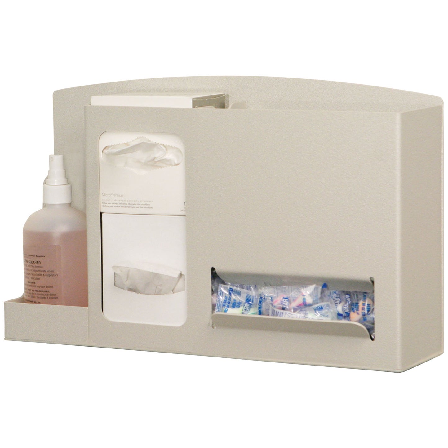Eye & Ear Safety Station Holds Two Small Boxes of Eye Cleaning Wipes, One Bottle of Lens Cleaning Solution & Ear Plugs in Bulk Quantity, Keyholes For Wall Mounting, Can Sit On Counter or Mount to a Floor Stand, Quartz ABS Plastic, 18"W x 10 7/8"H x 5 3/8"