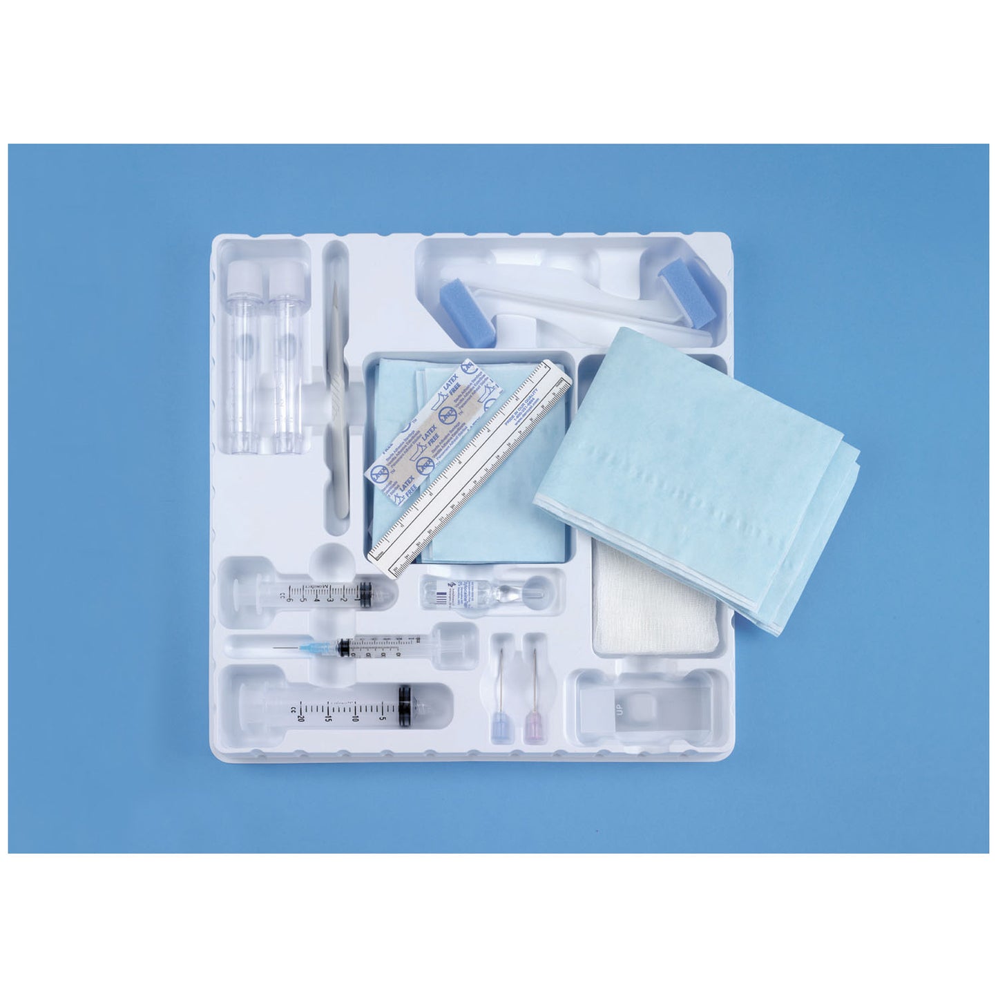 Basic Biopsy Tray, Sterile, Includes: 25G x 5/8" Needle, 3cc Syringe, 22G x 1½" & 20Gg x 1½' Needles, 6cc & 20cc Luer Lock Syringe, 5mL Lidocaine, Scalpel, 2-10mL Spec. Vials, 6 Microscope Slides, 6" Ruler, 2 Sponge Sticks, 4 Gauze Pads, 2 Towels, Drape,