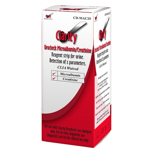 Clarity Urocheck Microalbumin/Creatinine Urine Strips, CLIA Waived, For Use With Clarity Urocheck 120C Urine Analyzer Only, 1 Product Insert, 25 strips/bx (Not Available For Sale into Canada)
