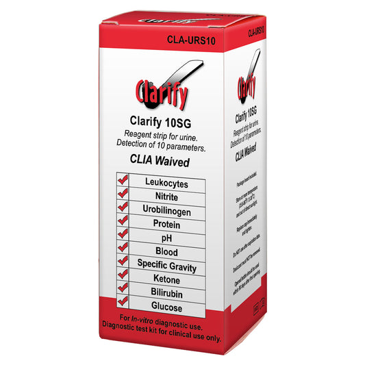 Clarify Urine Reagent Strips, 10SG, CLIA Waived, Visual Read Only, Tests for: Leukocytes, Nitrite, Urobilinogen, Protein, pH, Blood, Specific Gravity, Ketone, Bilirubin, & Glucose, 100 strips/bx (Item is Non-Returnable)