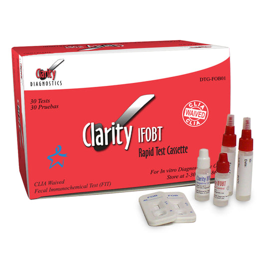 Clarity Fecal Occult Blood Test Kit, CLIA Waived, Includes: Test Cassettes, Collection Tubes, External Controls , Product Insert, 30/bx (30) (35) (1 Each of +/- .5mL Bottle)