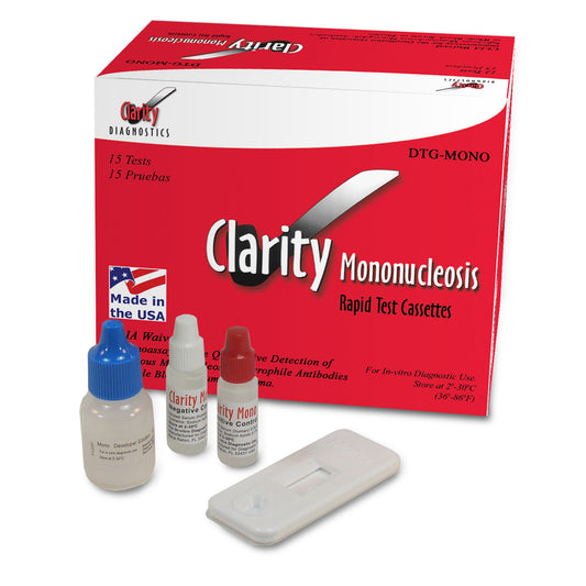 Clarity Mononucleosis Cassettes, CLIA Waived, Whole Blood Only, Includes: Mono Test Cassettes, Developer Solution, Sample Transfer Tubes, Positive Control, Negative Control, Package insert, 15/bx