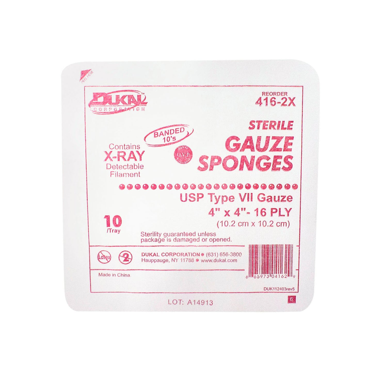 Gauze Sponge, 4" x 4", X-Ray Detectable Type VII, 16-Ply, Sterile, 10/tray, 128 tray/cs