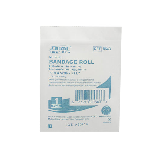 Basic Care Fluff Bandage Roll, 3" x 4.5 yd, 3ply, Sterile, 1 rl/bg, 96 bg/cs