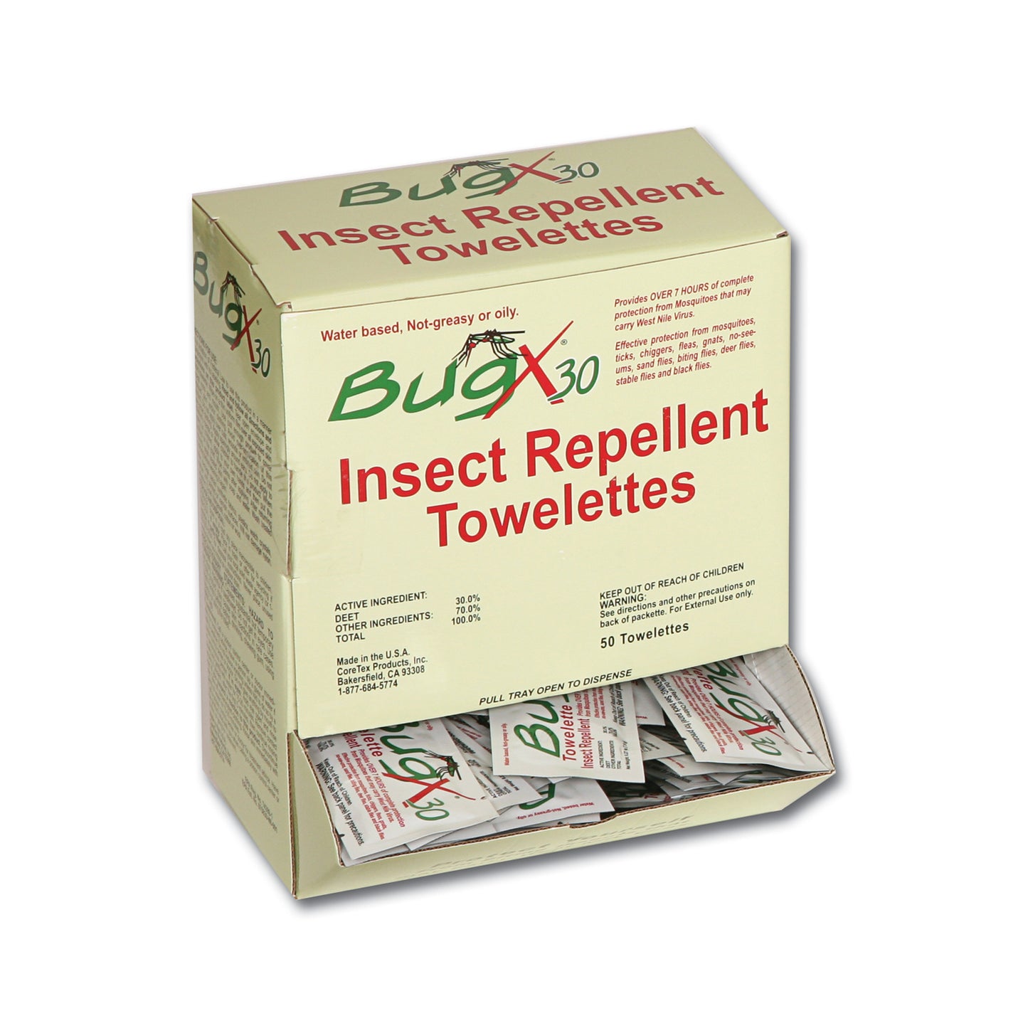 BugX30 Insect Repellent Wipes DEET, 50/bx