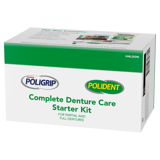 Complete Care Starter Kit includes Poligrip Power Max Hold + Seal , Polident 3 Minute Denture Cleanser Tablets , Polident Denture Brush, and Product Information Card, 12/cs (Products cannot be sold on Ama (0.3 oz. tube) (6ct)