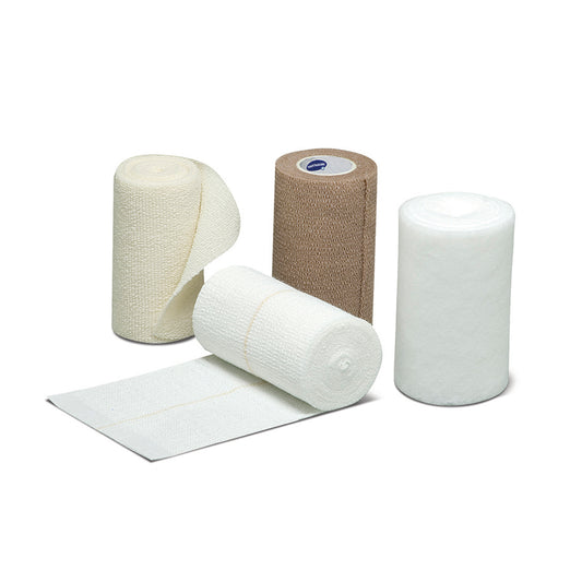 Compression Bandaging System Includes: Padding Bandage, 4" x 3.8 yds , Crepe Bandage, 4" x 4.9 yds , Compression Bandage, 4" x 9.5 yds , Cohesive Bandage, 4" x 6.5 yds , 8 kits/cs (unstretched) (stretched) (stretched) (stretched)