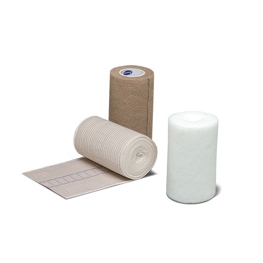 Compression Bandaging System Contains: Bandages, Tape Strips, Padding Bandage, 4" x 4.3 yds , Compression Bandage , 4" x 4.3 yds , Cohesive Bandge , 4" x 6.5 yds , 8/cs (3) (3) (unstretched) (in kit) (stretched) (in kit) (stretched)