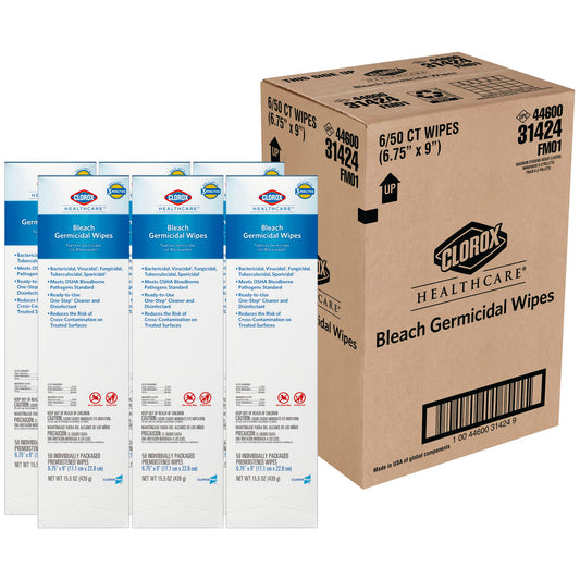 Clorox Healthcare® Bleach Germicidal Wipes, Individually Wrapped Wipes, 50/pk, 6 pk/cs