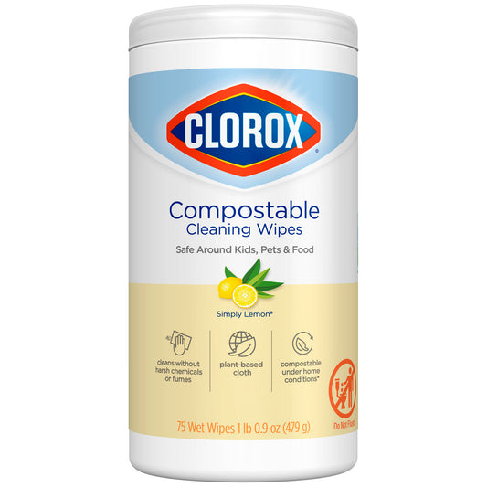 Clorox Compostable Cleaning Wipe, Simply Lemon, 75 ct, 6/cs