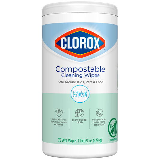 Clorox® Compostable Cleaning Wipes, All Purpose Wipes, Free & Clear, 75 ct, 6/cs
