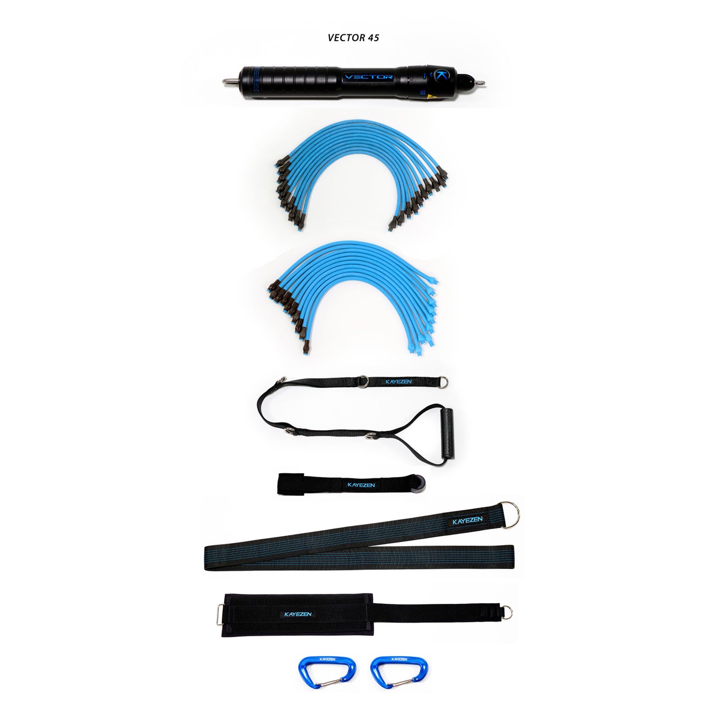 VECTOR 45 Resistance System Solo Kit: 1 VECTOR 45 Unit, w/ 10 Lt + 10 Hvy Tubes, 1 Door Anchor, 1 Long Handle, 1 Long Torso Strap, 1 Thigh Strap, 2 Carabiners, Free Kayezen VECTOR Exercise APP (Cannot be sold through any site ie Amazon, Jet, e-bay, woot,