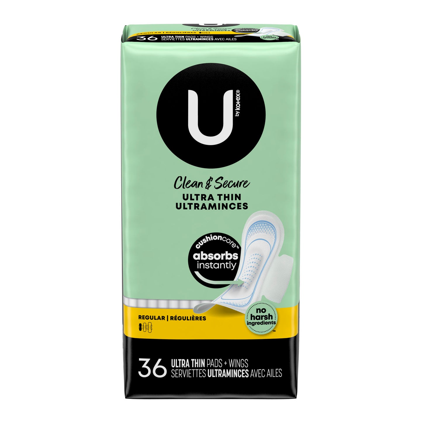 U by Kotex® Premium Pads, Regular, Ultra Thin, w/ Wings, 36/pk, 6 pk/cs