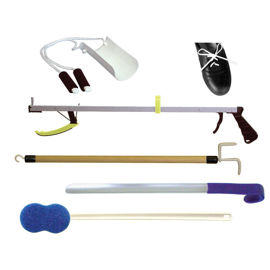 Basic Hip Kit Includes: 27" Ergo Plus Reacher, Sock Aid with Foam Handles, Pair Each Elastic Shoe Laces Black & White, 27" Dressing Stick, 24" Stainless Steel Shoehorn & Long Handle Bath Sponge (A handling charge of $9.95 will be added to any order un (2)