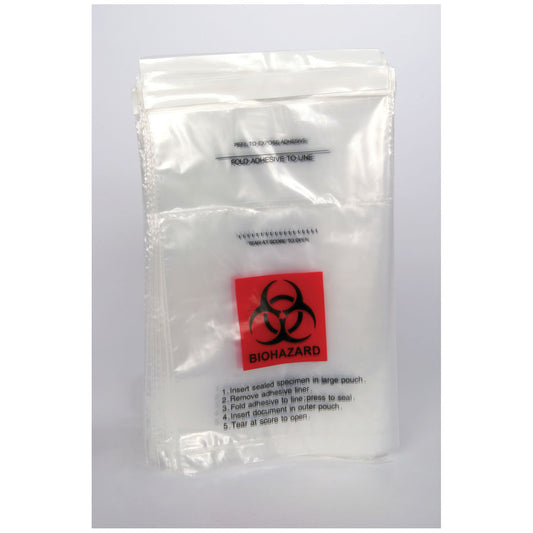 Collection Bag, 6" x 9", Biohazard, Foldover Adhesvie Closure, Clear/ Red/ Black Print, 1000/cs