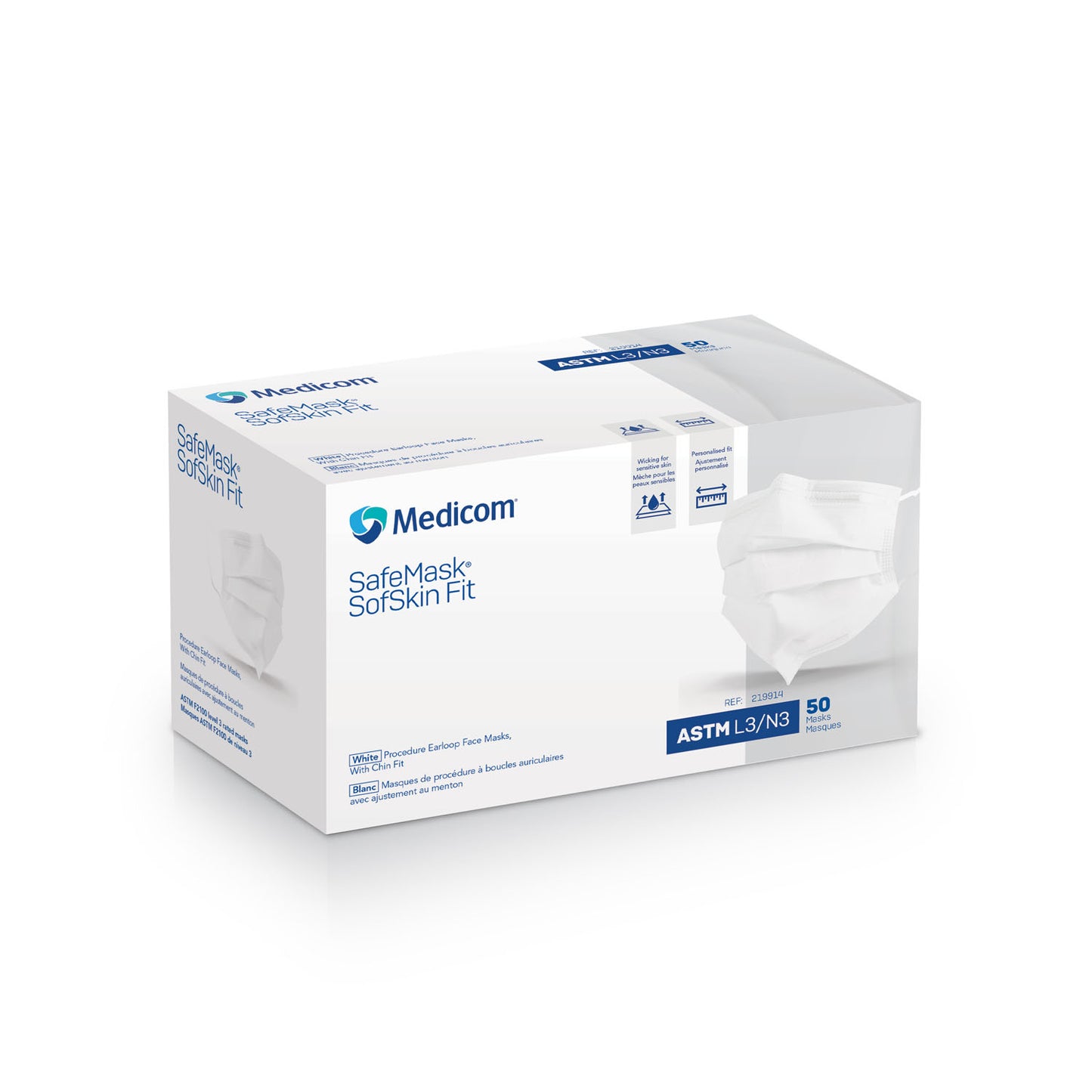 Earloop Mask, Sofskin Fit, Adjustable Chin & Nose Piece, ASTM Level 3, White, 50/bx, 10 bx/cs (Not Available for sale into Canada)