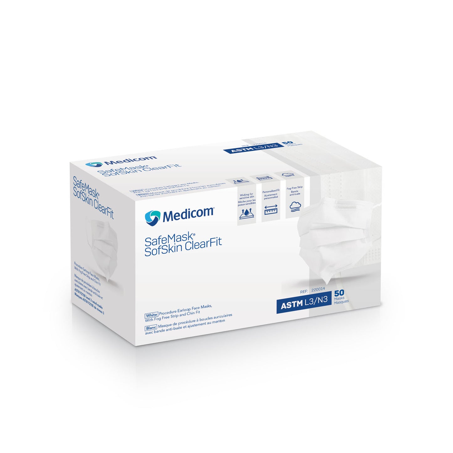 Earloop Mask, Sofskin ClearFit, Fog-Free Strip + Adjustable Chin & Nose Piece, ASTM Level 3, White, 50/bx, 10 bx/cs (Not Available for sale into Canada)