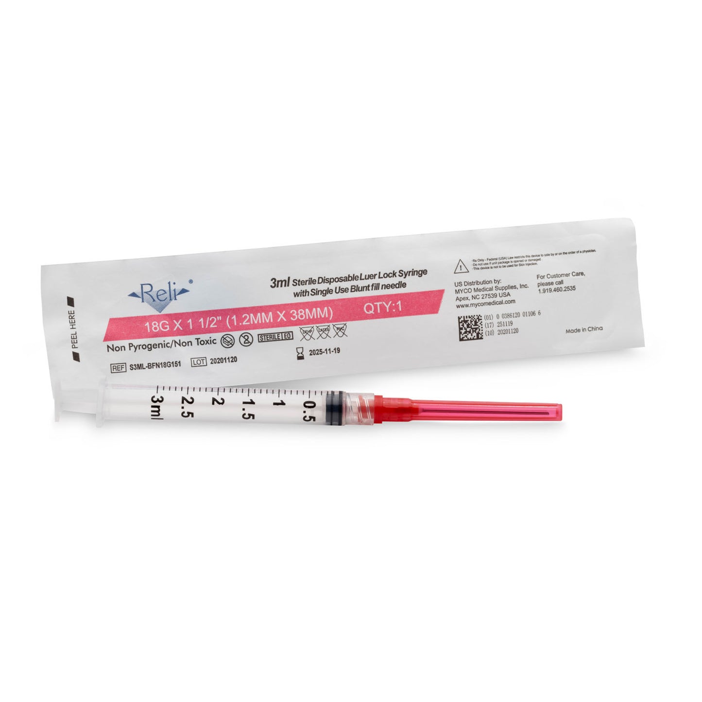 Blunt Fill Needles, Sterile, Single-Use, PVC-Free, 18G x 1-1/2", 100/bx