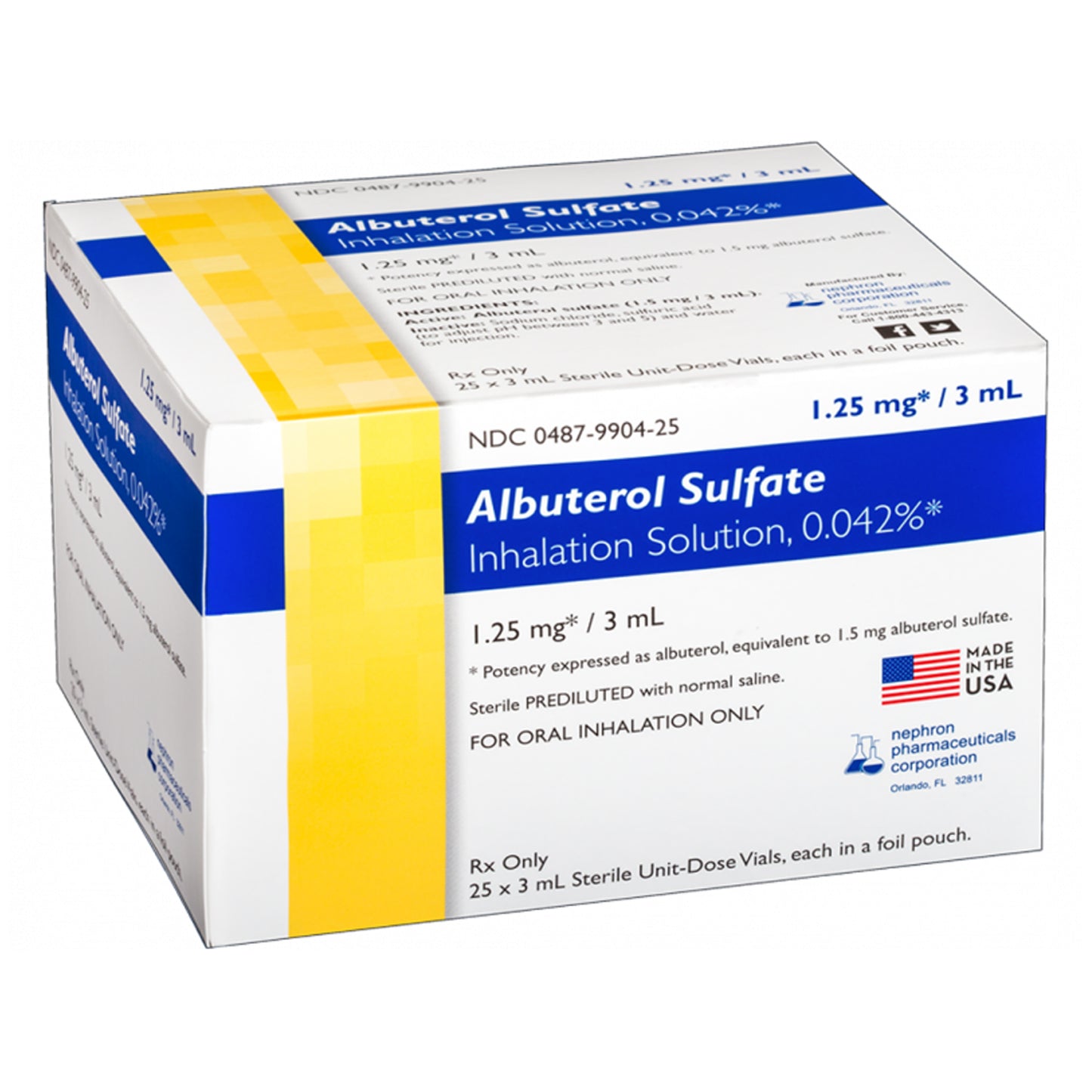 Albuterol Sulfate Inhalant Solution, USP, 0.042%, 3mL, Individual Foil Packs, 25/ctn (Rx) (Product is Non-Returnable)