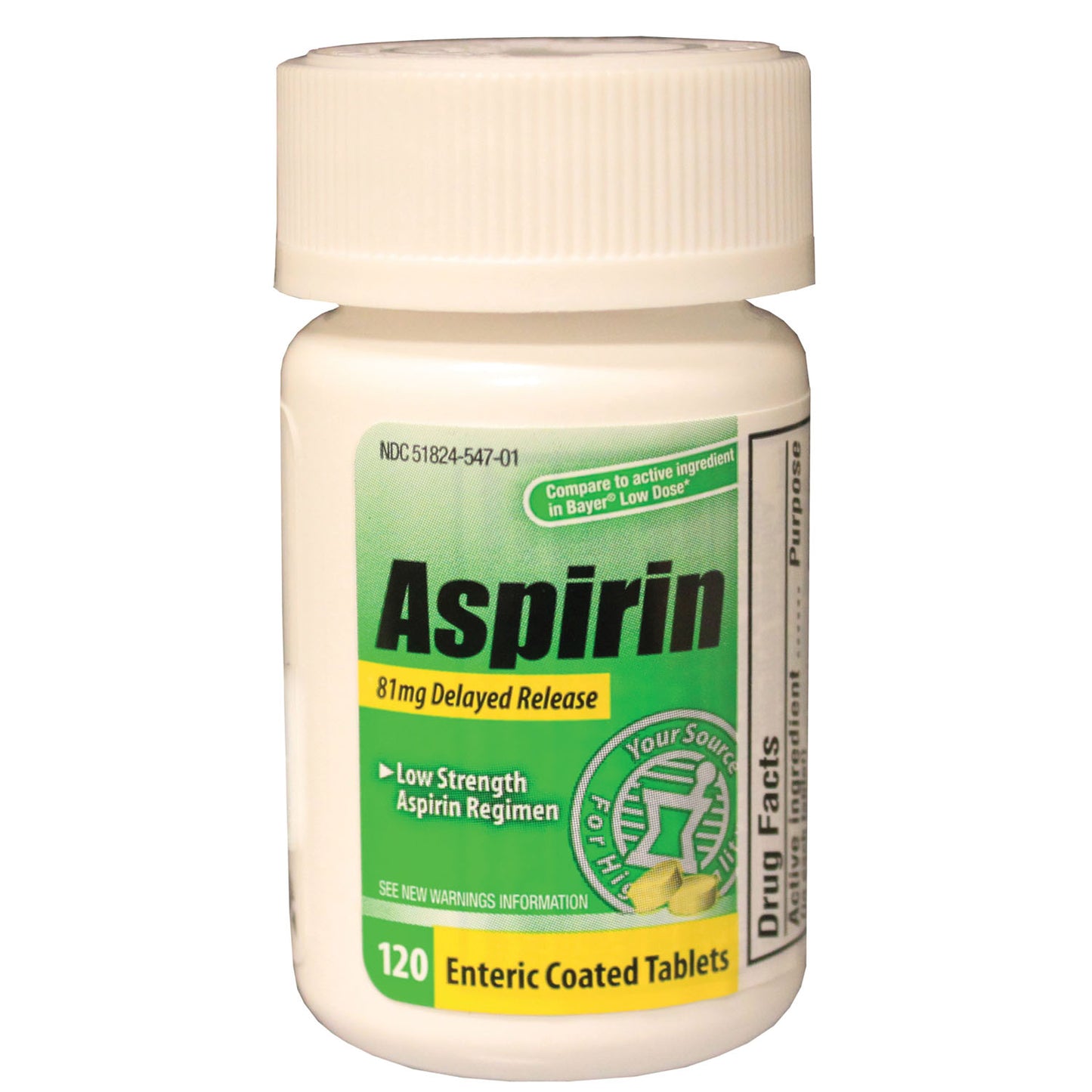 Aspirin, Adult, Low Dose 81mg, Enteric Coated Tablets, 120/btl, 24 btl/cs, Compare to the Active Ingredient in Bayer® Low Dose (Not Available for sale into Canada)