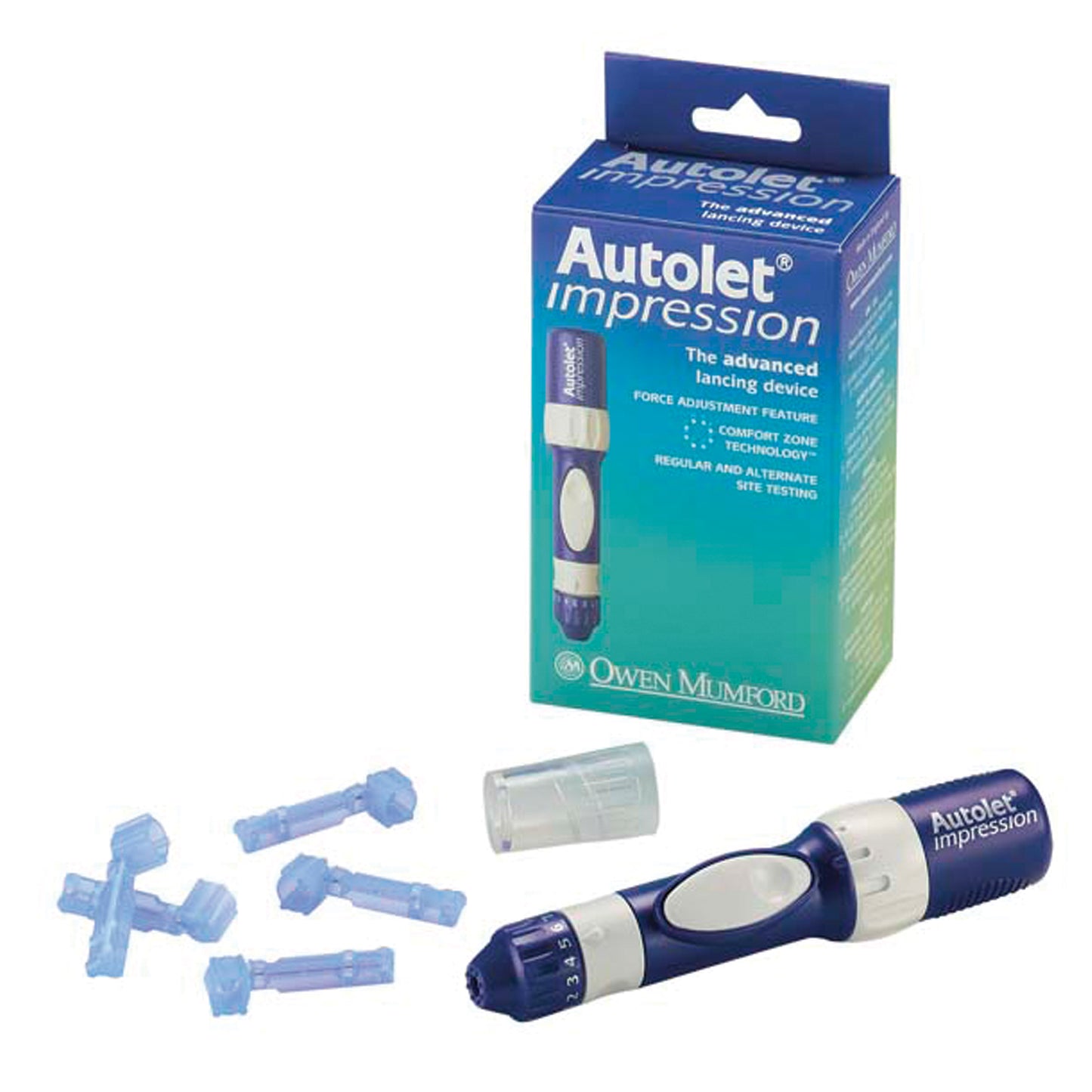 Autolet Impression, Includes: Device, 3 Unilet Lancets, 1 Depth Adjuster, 1 Alternate Site End Cap & Instructions for use (US & Canada Only)