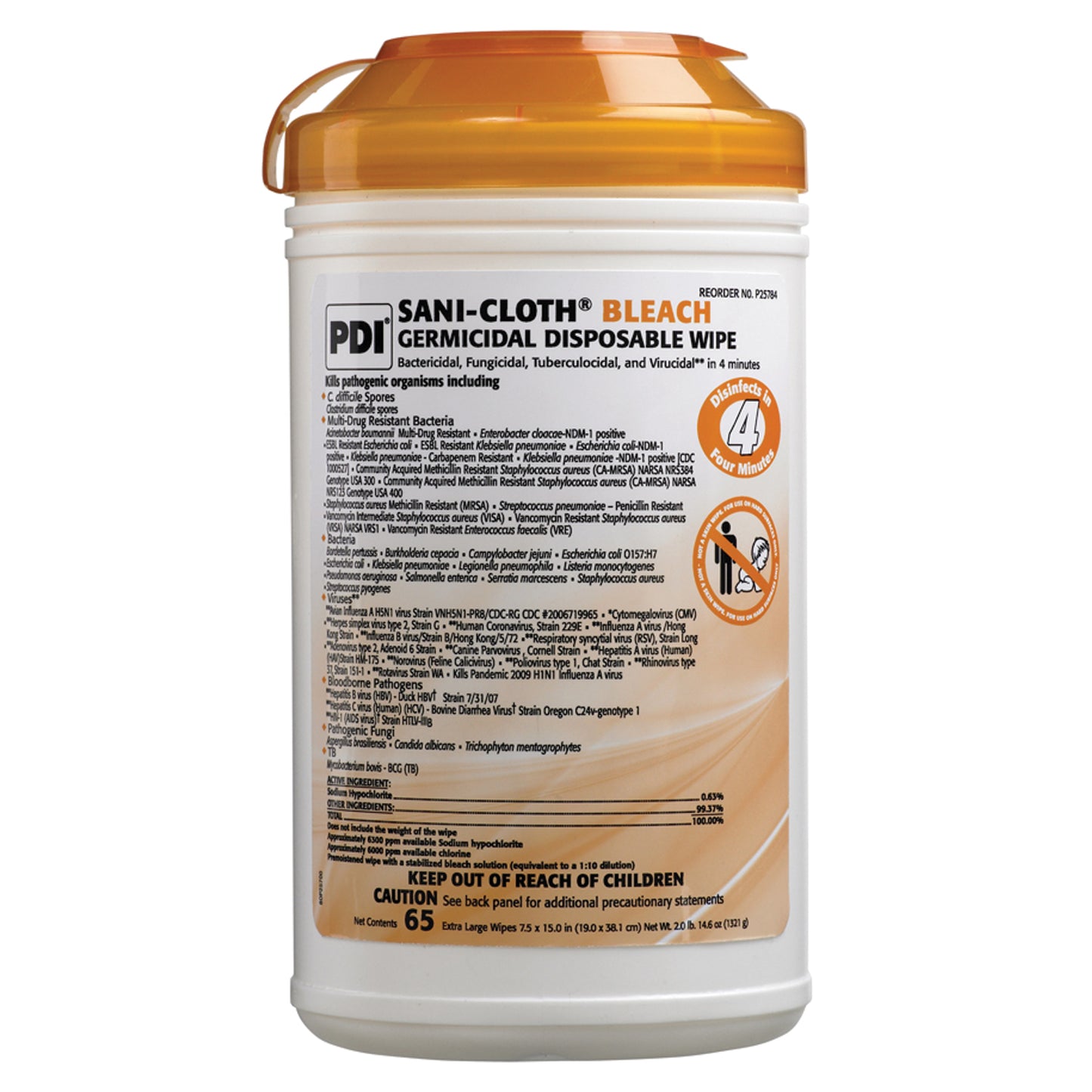 Bleach Germicidal Dispsoable Wipe, X-Large, 7½" x 15", 65 wipes/can, 6 can/cs (60 cs/plt) (Minimum Expiry Lead is 90 days)