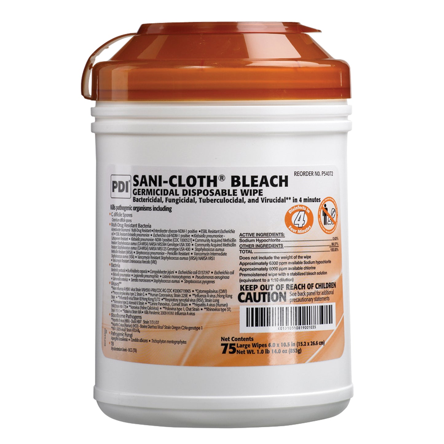Bleach Germicidal Disposable Wipe, Large, 6" x 10½", 75/canister, 12 can/cs (30 cs/plt) (Non-returnable; Non-refundable)