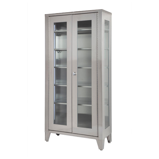Cabinet Display, Stainless Steel, Five Adjustable Stainless Steel Shelves, Two Glass Hinged Doors, 36"W x 77"H x 16"D (5) (2)