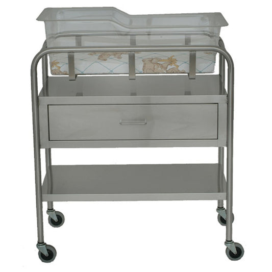 Bassinet with Basket and Mattress , Stainless Steel, One Shelf, One Drawer, 32"W x 35.25"H x 17"D (8545) (8546) (1) (1)