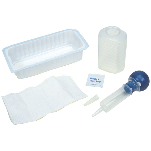 Bulb Irrigation Tray Includes: 1000cc Outer Tray, 500cc Graduated Container, 60cc Bulb Irrigation Syringe, Alcohol Prep Pad, Large Moisture-Proof Underpad, 20/cs (50 cs/plt)