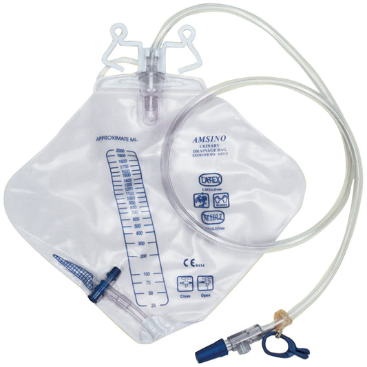 Drainage Bag, Diamond Shape, 2000mL, Bottom Draining, Universal Double-Hook, Large Anti-Reflux Chamber, Air-Vent, Needleless Sampling Port, Sterile Fluid Pathway, 20/cs