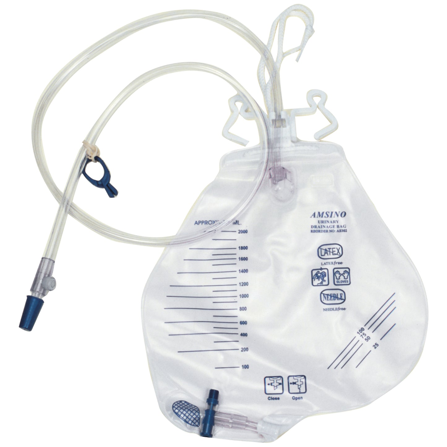 Drainage Bag, 2000mL, Anti-Reflux Chamber, Pre-Pierced Needle Free Sampling Port , Universal Double Hook & Rope Hanger, T-Tap Drain Port, Sterile Fluid Pathway, 20/cs (Luer Slip or Blunt Cannula Compatible) (60 cs/plt)