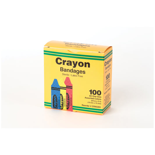 Crayola Bandages, ¾" x 3" Strips, Latex Free , Assorted , 100/bx, 12 bx/cs (LF) (red, yellow & blue)