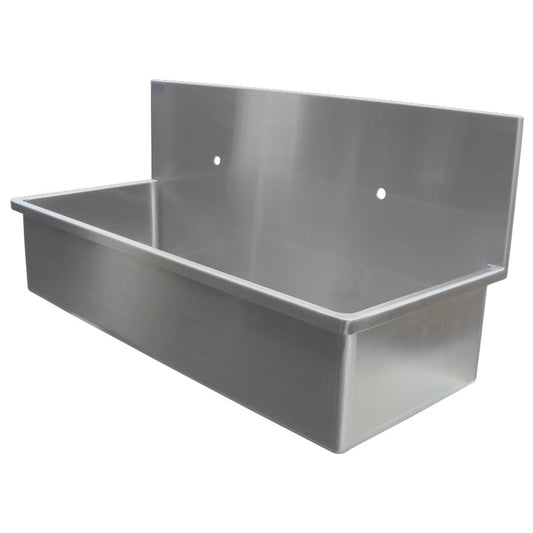 Double Scrub Sink, Stainless Steel Wall Mount, with Rounded Corners and 12"H Backsplash - 48"L x 19.75"D x 22.56" H (Freight Terms are Prepaid & Add to Invoice-Contact Vendor for Specifics)