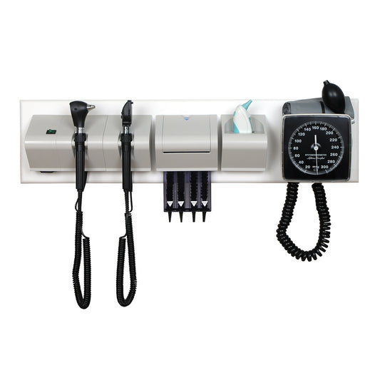 DRE WS350 Wall Mount Diagnostic System, Includes: Diagnostic Handles, Spiral Cord Expandable up to 3 Meters, 3.5V Coaxial Ophthalmoscope, 3.5V Fiber Optic Otoscope, Ear Thermometer, Sphygmomanometer, Reusable Ear Specula, Specu (2) (1) (1) (1) (1) (1) (1)