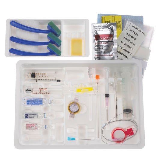ESPOCAN Combined Spinal/ Epidural Tray, 17G x 3½" Tuohy Winged Needle, PENCAN 25G x 5" Spinal Needle with Centering Sleeve, 25G x 1½" Skin Wheal/ Infiltration Needle, 18G x 1.5" Hypodermic Needle with 3ml Plastic Luer Lock Syringe, 5mL Glass LOR Luer Lock