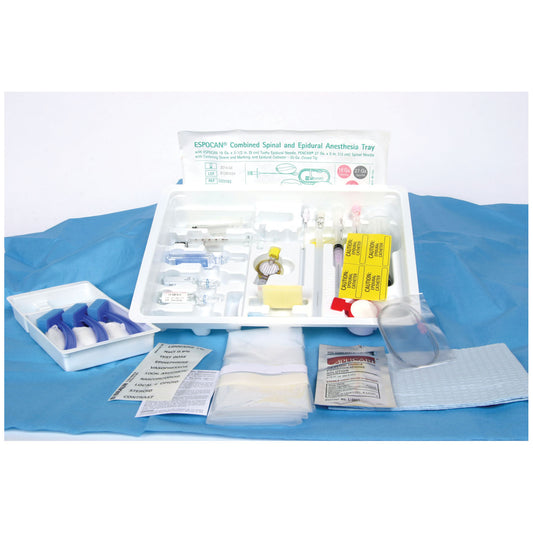ESPOCAN Combined Spinal/ Epidural Tray, 18G x 3½" Tuohy Winged Needle, PENCAN 27G x 5" Spinal Needle with Centering Sleeve, 25G x 1½" Skin Wheal/ Infiltration Needle, 18G x 1.5" Needle with 3ml Plastic Luer Lock Syringe, 5mL Glass LOR Luer Lock Syringe, M