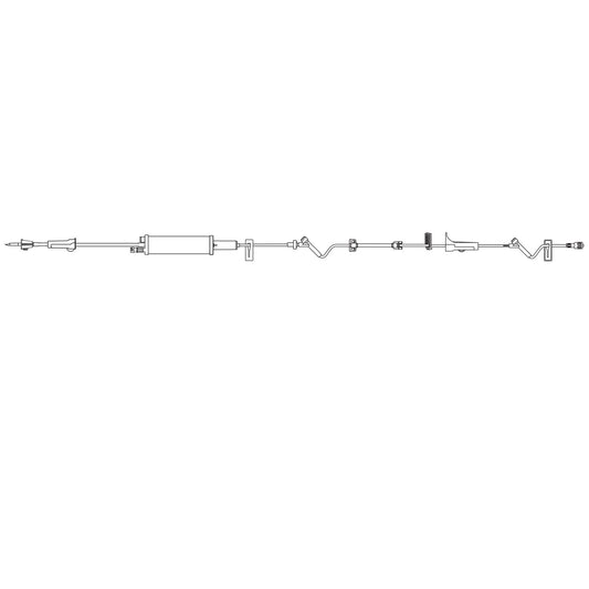 Burette Set, No Automatic Shutoff, Non-Vented Spike, Roller Clamp, 150mL Burette, 15 Micron Air Guard Filter & SAFELINE Injection Site, Slide Clamp, Pressure Limited Check Valve, Flow Restrictor, Two SAFELINE Injection Sites, Free Flow Protection Clamp, R