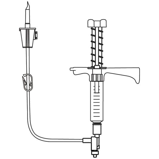 Fluid Dispensing System, Hand-Held Style, 10cc Luer Lock Syringe, Automatic Spring Return, 2-Way Valve, Syringe Volume Adjusting Device Located Below Handle & 41" Vented Transfer Set, For Reconstitution & Dispensing IV Additives & Unit Dose Fluids, DEHP &
