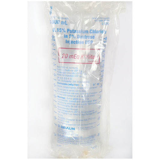 1000mL 0.15% Potassium Chloride in 5% Dextrose Injection , 12/cs &nbsp;&nbsp;<strong style="color:red">Max weekly quantity allowed: 10</Strong> (Rx) (Item is Non-Returnable) (Minimum Expiry Lead is 90 days) (Continental US+HI Only, Excluding IN and ND)